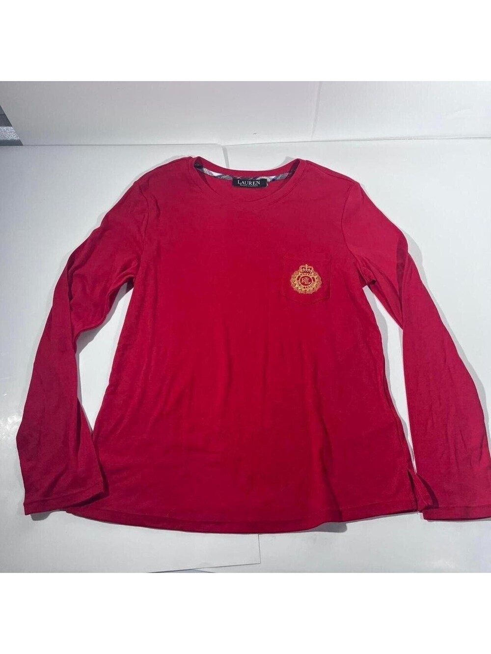 Lauren Ralph Lauren Red Crest Pocket Long Sleeve Top Approx Medium